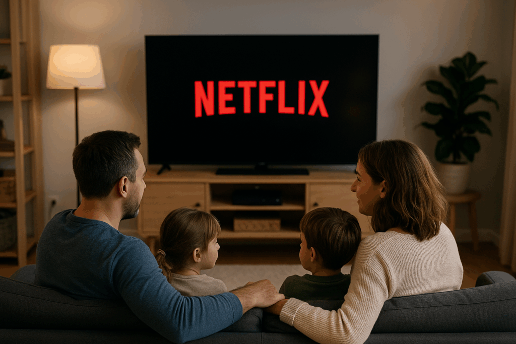 Familie schaut Netflix auf dem Fernseher, KI-generiertes Symbolbild / meinvodstream Familie schaut Netflix auf dem Fernseher, KI-generiertes Symbolbild / meinvodstream